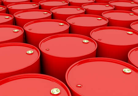 Red barrel. Chemicals are stored in metal barrels. Warehouse of petroleum products. Warehouse of chemical products. Many red barrels. 3D image.の写真素材