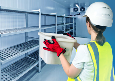 Refrigeration Chamber for Food Storage. Metal Shelves and Racks for String Frozen Foods. Food Freezing Shop. Selective Storage System. Cold Warehouse. Air conditioning on a warehouse wall.の写真素材