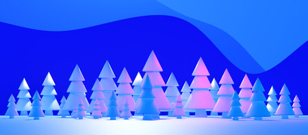 Creative Christmas pattern. Fancy Christmas trees on a blue background. New Year's fantasy. Three-dimensional Christmas trees and a place for text. Blue holiday banner. 3d imageの写真素材