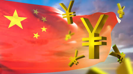Yuan signs next to the flag of China. Chinese currency. Gold icons of the Chinese yuan in the air. PRC financial system. Chinese economy. Yuan exchange rate. Payments in foreign currency. 3d imageの写真素材