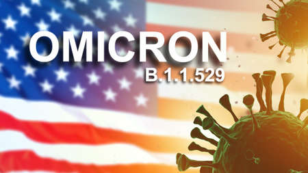 Omicron B.1.1.529 title and USA flag. New strain of coronavirus in America. Mutated coronavirus SARS-CoV-2. Omicron logo and pathogen cells. New coronavirus mutation. 3d imageの写真素材