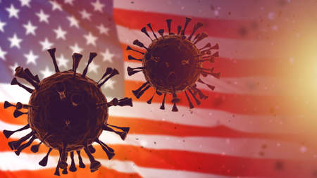 Omicron Covid-19 coronavirus variant in America. Mutated coronavirus SARS-CoV-2. Delta plus. Coronavirus cells on US flag background. Covid-19 virus under the microscope. 3d imageの写真素材