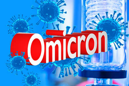Omicron coronavirus variant. Omicron Covid-19 variant Coronavirus. Mutated coronavirus SARS-CoV-2. New strain of covid. Mutated virus from South Africa. Virus molecules and Omicron label.の写真素材