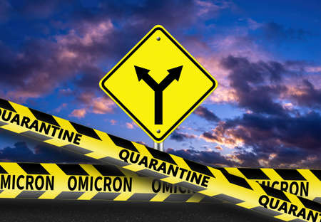 Omicron coronavirus variant. Omicron Covid-19 variant Coronavirus. Mutated coronavirus SARS-CoV-2. Quarantine because of COVID. Mutated virus from South Africa. Virus molecules and Omicron label. 3d imageの写真素材