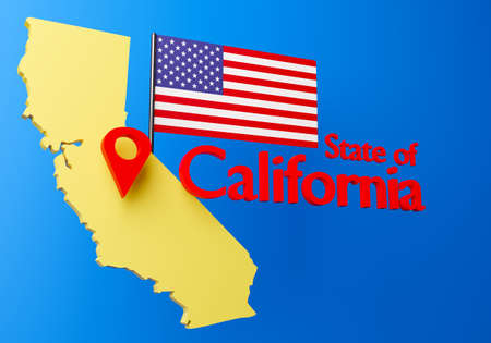 USA. State California. Map of America. Fragment of the territory of the United States of America. US flag under the inscription California. 3d imageの写真素材
