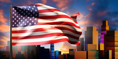 USA flag. American Patriotic symbol. Waving USA flag on city background. Rendering of banner of...