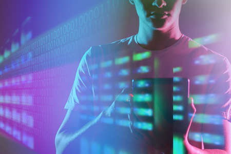 Double Exposure Network Administrator. Server maintenance specialist. Photo of man in front of server racks. Cyber administration background. Telecommunication background pattern. IT cyber textureの写真素材