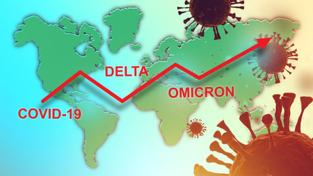 Coronavirus variants superimposed on the world map. Mutating virus. Covid-19, Delta, Omicron virus strains. Varieties of Mutated coronavirus SARS-CoV-2. Coronavirus situation in the world. 3d imageの写真素材
