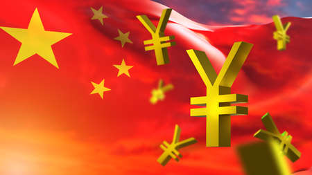 China's economy. Financial and payment system of PRC. Chinese yuan icons on the background of the national flag. Yuan in the foreign exchange market. Yuan exchange rate. Payments to China. 3d imageの写真素材