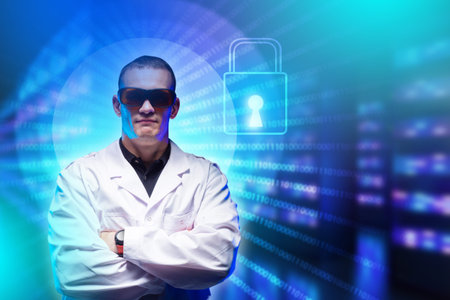 Internet security. Male programmer with crossed arms. Closed padlock symbolizes data security....