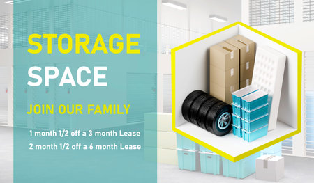 Storage unit advertising. Advertising inscription about discounts on warehouse rental. Storage unit...