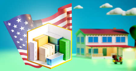 Storage Units for personal items. Rental storage room for personal belongings. Warehouse container and USA flag. Safekeeping space in America. USA symbol on background of blurred house. 3d rendering.の写真素材