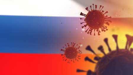 Omicron or Delta COVID-19 Coronavirus Molecules on Russian Federation Flag. Virus Pandemic in Russia. Mutated coronavirus SARS-CoV-2. Health crisis with rise in COVID cases. Place for text. 3d imageの写真素材