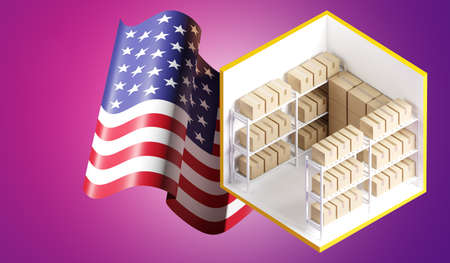 Storage Units with American flag. Self storage with boxes on racks. Warehouse rental in america. Remove container at warehouse company. Storage container in USA. Warehouse business in USA. 3d image.の写真素材