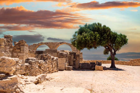 Cyprus. Limassol. Curion. Arches of the early Christian Basilica. Ruins of an ancient city in Cyprus. Archaeological Park on the Mediterranean coast. The remains of an ancient city and a green tree.の写真素材