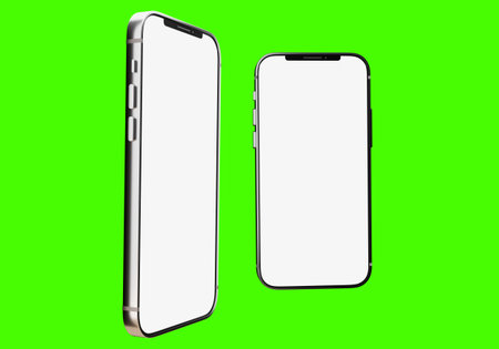 Smartphones with blank screen. Mobile phones on neon green background. Smartphone from different...