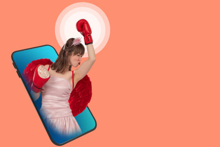 Woman boxer in dress. Girl at smartphone screen. Concept - posting photos on social networks. Woman shares her photos on social networks. Place for inscription on pink background. Social media appsの写真素材