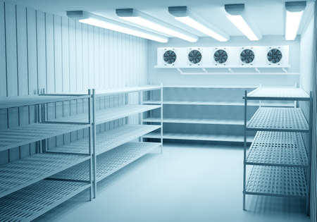 Refrigerators compartment. Warehouse with shelves for food storage. Grocery warehouse with air conditioning. Freezing of products. Stelms with shelves. Refrigeration equipment. Industrial refrigerator.の写真素材