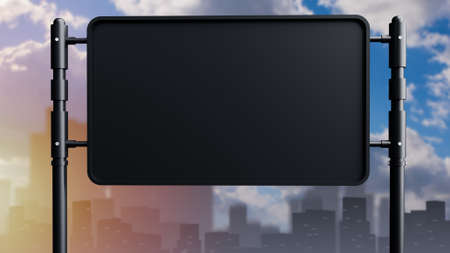 Black billboard for street advertising. Advertising placement. Banner for information on the background of the city. Black poster on two bases. Rental of advertising space. 3d imageの写真素材