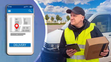 Courier business. Man works in order delivery service. Smartphone with courier call button in...