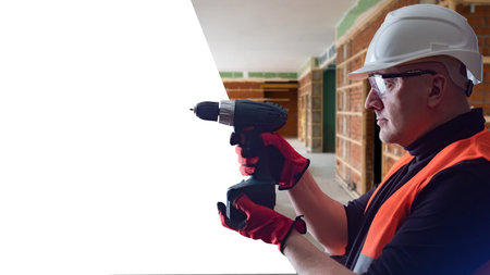 Builder with screwdriver in his hands. Electric screwdriver in hand of repairman. He stands inside...
