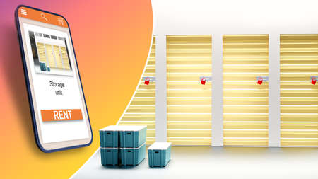 storage space app. Warehouse with units of same sizes. Phone with text Storage Unit rent. Application for Storage Unit rent. Rooms for renting warehouse in apps. 3d rendering.の写真素材