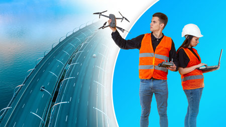 Video operators with drone in their hands. Use of modern technologies for road construction concept. Inspection of roads from drone. Engineers launch drone over bridge. Road Engineers with Quadcopterの写真素材