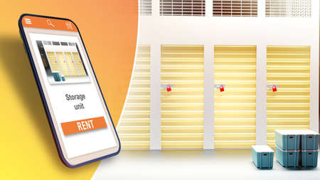 Rental Storage Units. Search for Self storage in mobile application. Smartphone with Storage Unit on screen. Warehouse company app interface. Warehouse corridors on background. 3d rendering.の写真素材