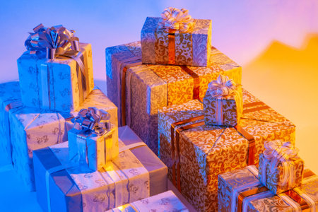 Boxes with presents. Gift Boxes. Christmas presents. Many gifts are worth a friend on a friend. Gifts from Santa Claus. Birthday gifts. Gift wrap. New Year presents. Gift for children.の写真素材
