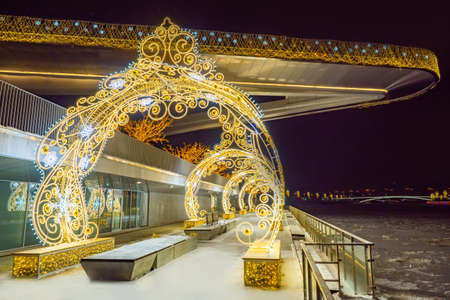 Winter Moscow. Russia. Christmas decoration of the Moscow. New Year street decoration in Moscow. Traveling to Russian cities in winter. Public spaces on the waterfront in the Russian Federation.の写真素材