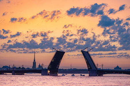 Russian landmark. Bridges in Saint Petersburg. White nights in Petersburg. Palace bridge during the white nights. Canals of St. Petersburg. Traveling by water to St. Petersburg. Travels in Petersburgの写真素材