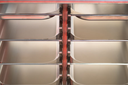 Metal food containers on a trolley. Gastronomic capacity for the restaurant. Professional equipment...