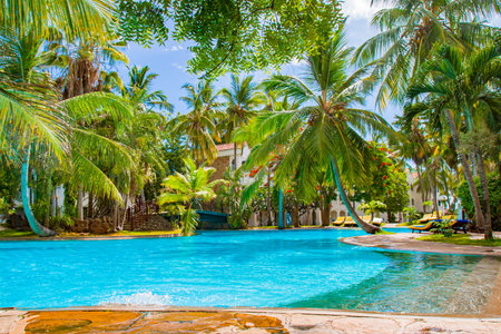 Kenia. Africa. Mombasa. Territory of the hotel. Sun loungers are standing next to the pool. Swimming in the pool. Hotel in the city of Mombasa. Spa treatments at the hotel. Tours Kenya. January 11, 2006のeditorial素材