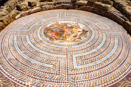 Cyprus. Paphos. Ancient Greek mosaic. People are depicted on the ancient Greek Mazayka. Ancient mosaic in the archaeological museum of Paphos. Sights of Cyprus. A walk in Paphos. 05/23/2019のeditorial素材