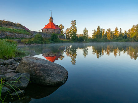 Russia. Karelia. Fortress Korela. Stone fortress in the city of Priozersk. Ladoga lake. Stone courtyard near the pond. Traveling to the regions of Russia. Landscapes of Karelia. Tour to Priozersk.のeditorial素材