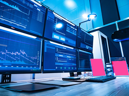 Dispensing table. Process control panel. Company management point. Dispatch control. Charts on monitors. Dispatcher desktop. Business management. Russia. Saint Petersburg. 04.10.2018のeditorial素材