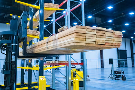Warehousing. Forklift truck in stock. Warehouses. Warehousing tree. Wooden beams are loaded into the...