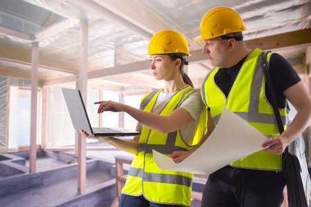 Man and woman in a house under construction. An architect and an engineer with a laptop. Monitoring...