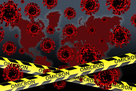 Omicron new SARS mutation variant B.1.1.529 concept, with title. Coronavirus quarantine. Illustration of COVID-19 virus image and barrier tape. Omicron B.1.1.529. Quarantine because of COVID. 3d imageの写真素材
