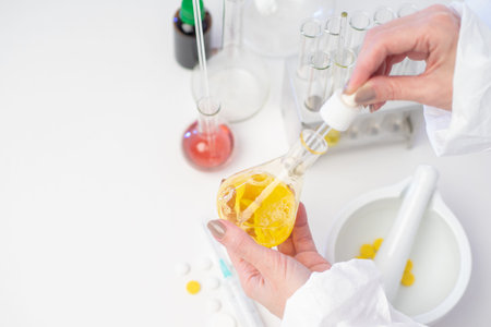 Quality control of drugs. Pills. Immunochemistry. View of the laboratory assistant's desk....