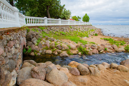 Saint Petersburg. Russia. Peterhof. Panorama of the Gulf of Finland. South coast of the Gulf of Finland. Landscapes of St. Petersburg. Coast. The nature of Russia. Peterhof on a sunny day. 10.07.2018のeditorial素材