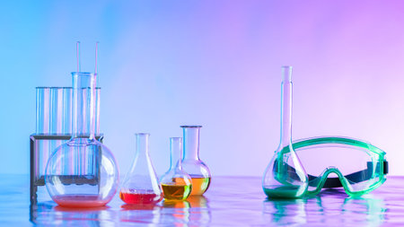 Concept - laboratory equipment. Lobarant glasses. Glass laboratory accessories. Safety glasses next to the flasks. Lab glass beakers. Beakers made of glass. Safety glasses in the laboratoryの写真素材