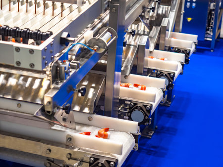 Shrimp on the conveyor. Cleaning equipment tiger pistol shrimps. Seafood processing. Conveyor line...