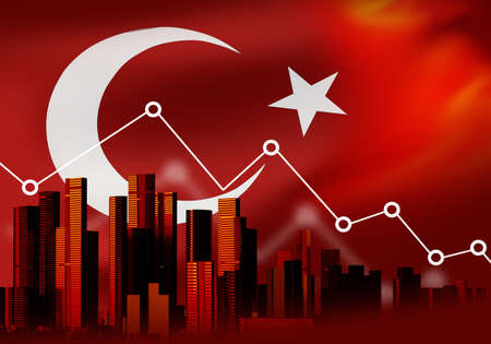 Falling graph next to flag of Turkey. Metaphor for financial crisis in Turkey. Fall of Turkish economy. Decrease in national currency of state. Decrease in TRY. Skyscrapers in foreground. 3d image.の写真素材