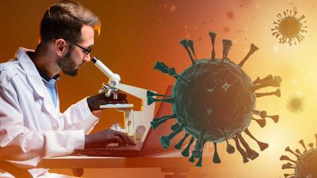 Omicron COVID-19 is being investigated. Man virologist is studying coronavirus. Omicron vaccine...