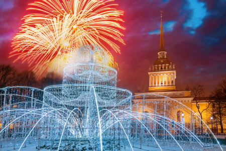 Saint Petersburg festival. Russia fireworks. Admiralty on Christmas night. Christmas fireworks Petersburg. New Year's Eve in Russia. Salut in winter Petersburg. Winter Holidays in Russiaの写真素材
