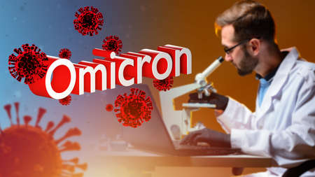 Omicron research. COVID-19 vaccination development. Laboratory assistant examines bacteria of coronavirus. Omicron logo in front of virologist. Vaccination of SARS-CoV-2. New Delta plus mfcshft studyの写真素材