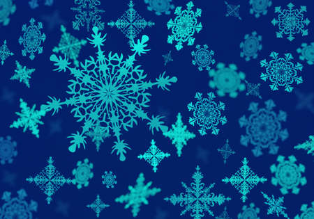 Background with figured snowflakes on blue background. Falling beautiful snowflakes. Christmas background. Winter texture for your site. Winter blue pattern. Simple snow background. 3d rendering.の写真素材