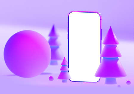 Phone white template. Smartphone mockup. Volumetric trees. Christmas advertising poster. Image layout for ads. Useful mobile app. Copy space in phone display. Christmas background. 3d rendering.の写真素材
