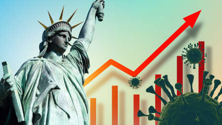 Omicron COVID-19 variant. Coronavirus in America concept. SARS-CoV-2 bacteria in front of Statue of Liberty. Increased incidence of Omicron. Delta mutation is danger in US. USA lockdown growth chartの写真素材